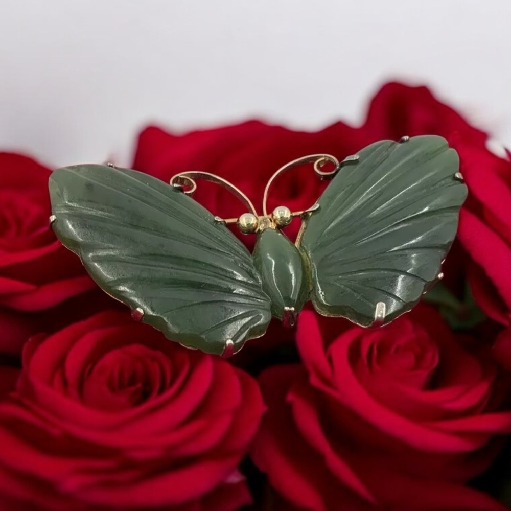 Carved Nephrite Butterfly Brooch Pin, Gold Vermeil Over Sterling, Makers Mark